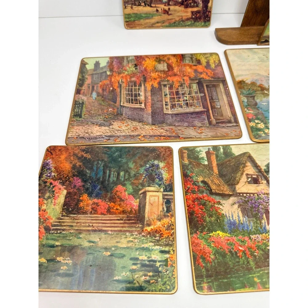 Vintage Win-El-Ware Pictorial Table Mats Set 937 Gardens Countryside With Stand